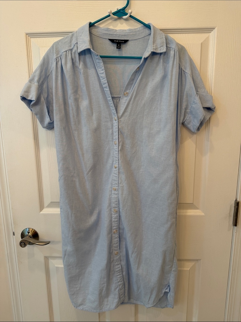 Light Blue Linen Blend Button-Down Shirt Dress